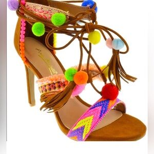 Anne Michelle Bamboo Heels Brown Lace Up, SZ8, Color full Sandals Festival